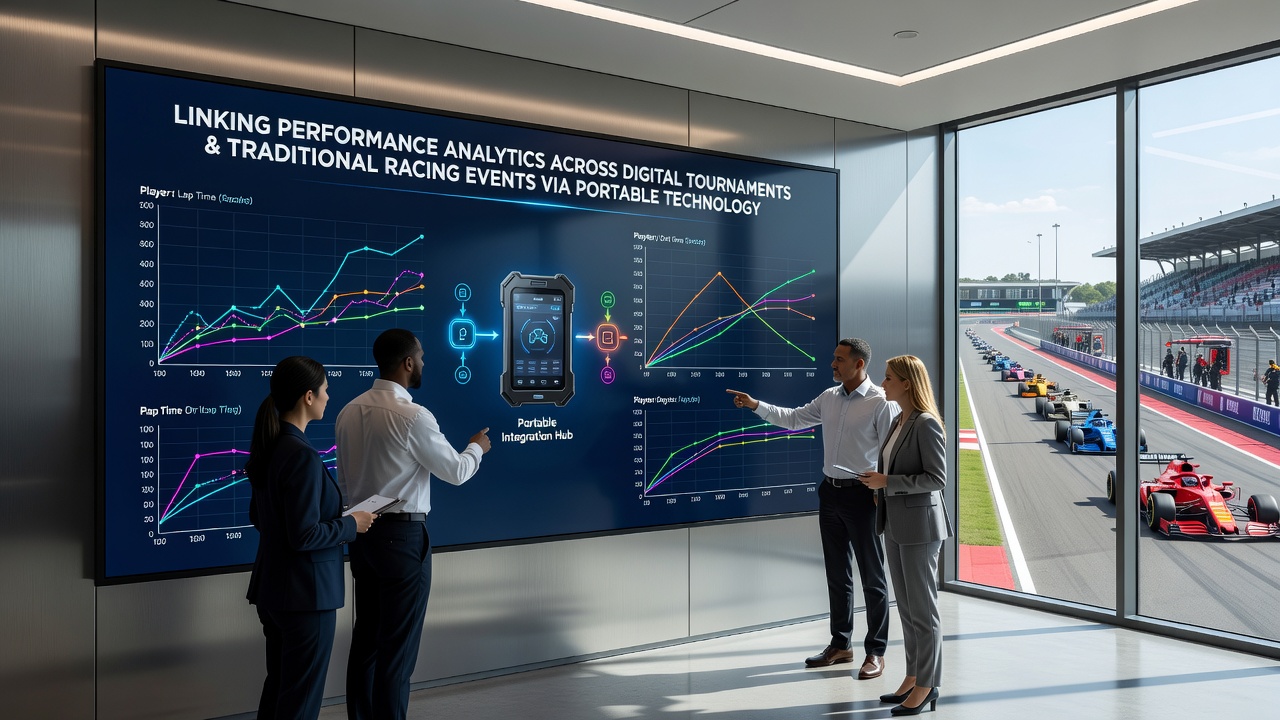 Analysten prüfen verknüpfte Performance-Metriken von virtuellen und realen Rennereignissen auf Tablets