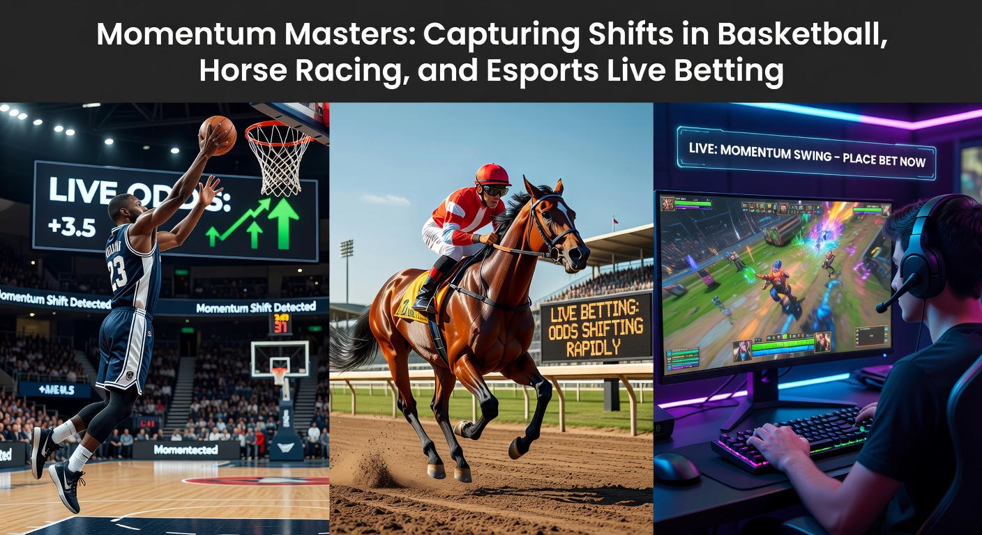 Pferderennen-In-Running-Betting-Szene mit einem Ausreißer, der Quoten live verändert, neben E-Sports-Monitoren