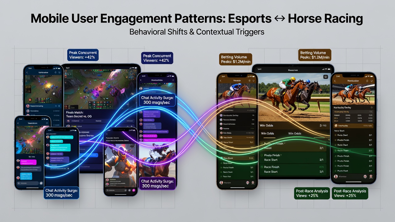 Diagramm zeigt Engagement-Pfade zwischen Esports und Pferderennen in mobilen Apps mit Bonusflüssen
