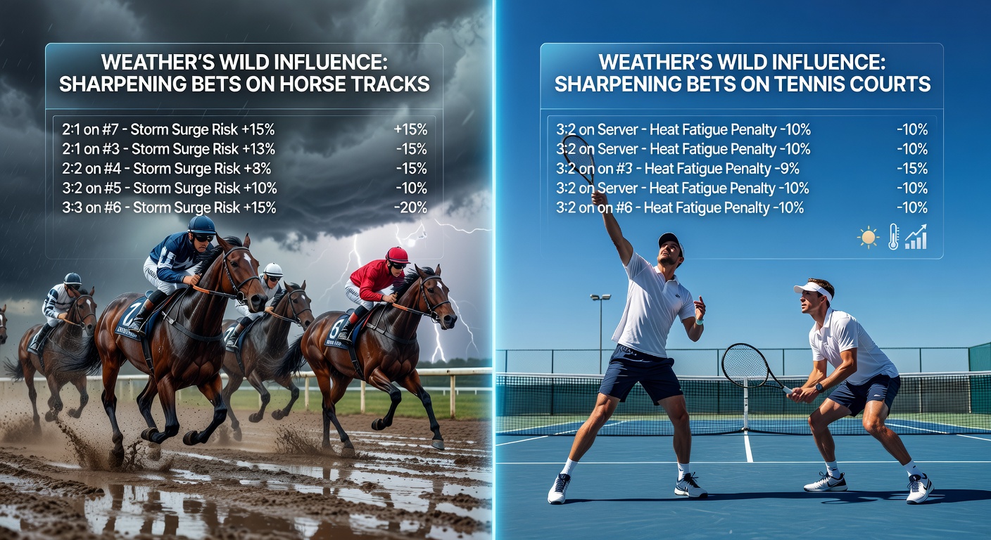 Tennisspieler auf nassem Sandplatz, kämpfend gegen Wind und Regen, der die Herausforderungen outdoor-Tennis unterstreicht